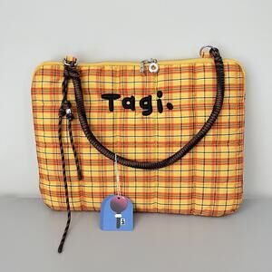 Tagi Yellow Plaid laptop Bag with Brown Strap